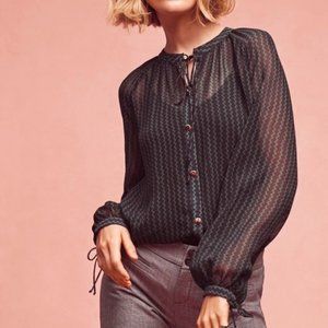 Anthropologie Maeve Della Sheer Navy Green Pattern Button Front Blouse